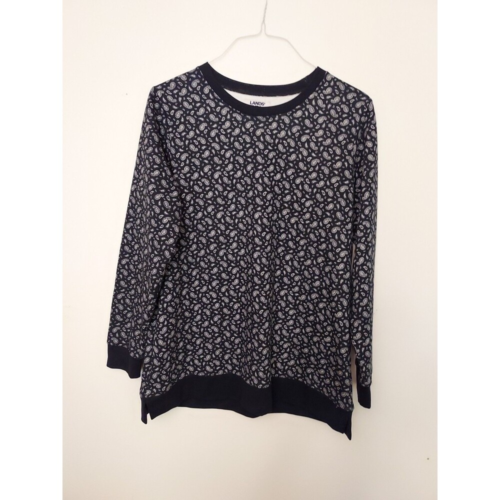 Lands End Serious Sweats Womens Paisley Long Sleeve Sweater Black White Large